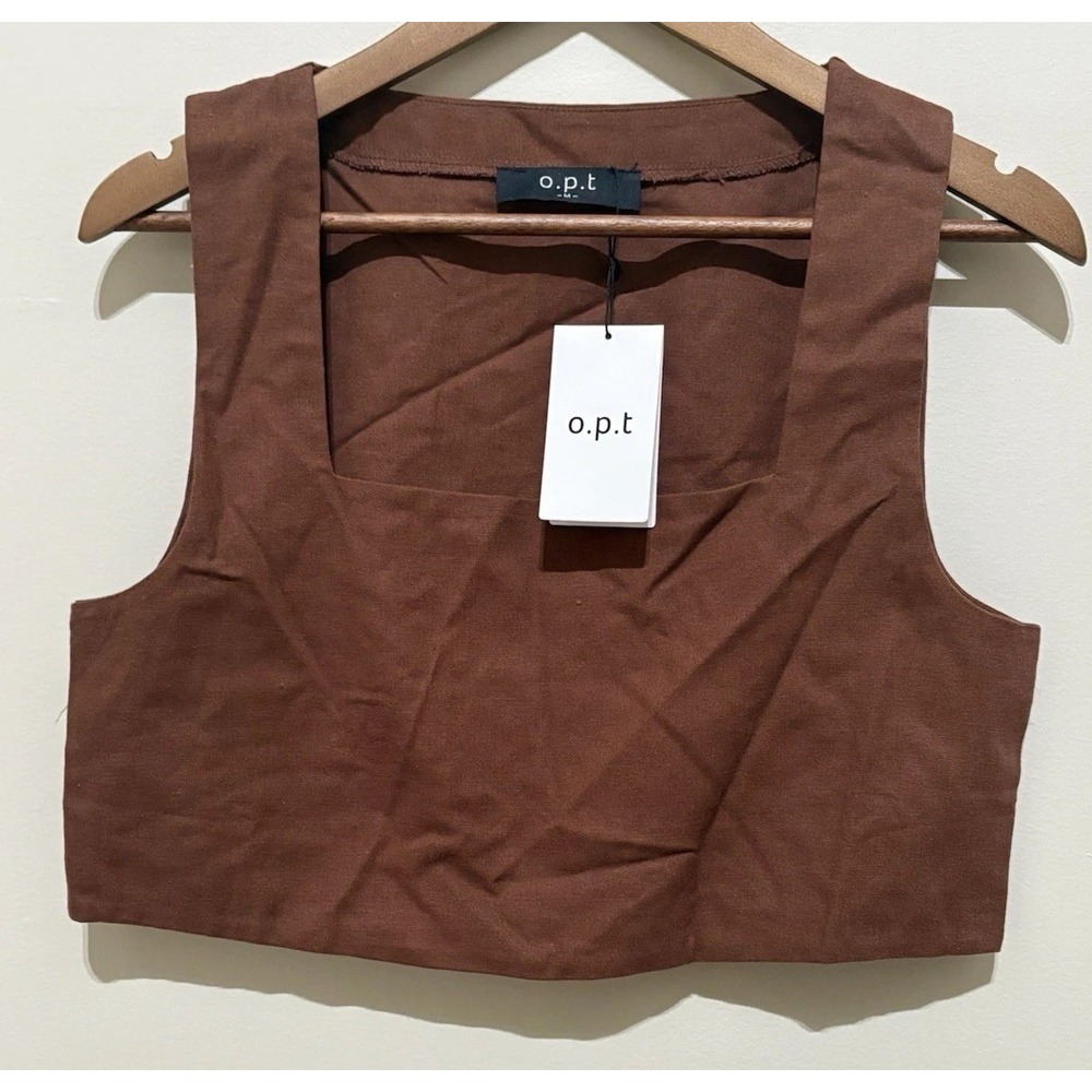 NWT One Pretty Time OPT Brown Crop Tank Top Medium Linen Blend Square Neck